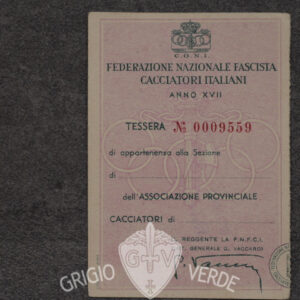 Tessera Federazione nazionale fascista cacciatori italiani 1939