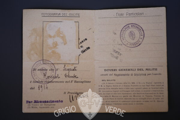 Tessera 1914 5° battaglione studentesco Firenze retro