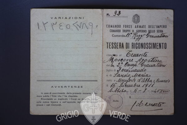 Regio Governo dello Scioa tessera coloniale Tenente 11°Granatieri