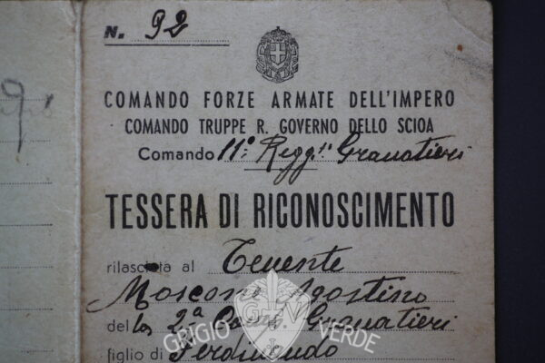 Regio Governo dello Scioa tessera coloniale Tenente 11°Granatieri particolare