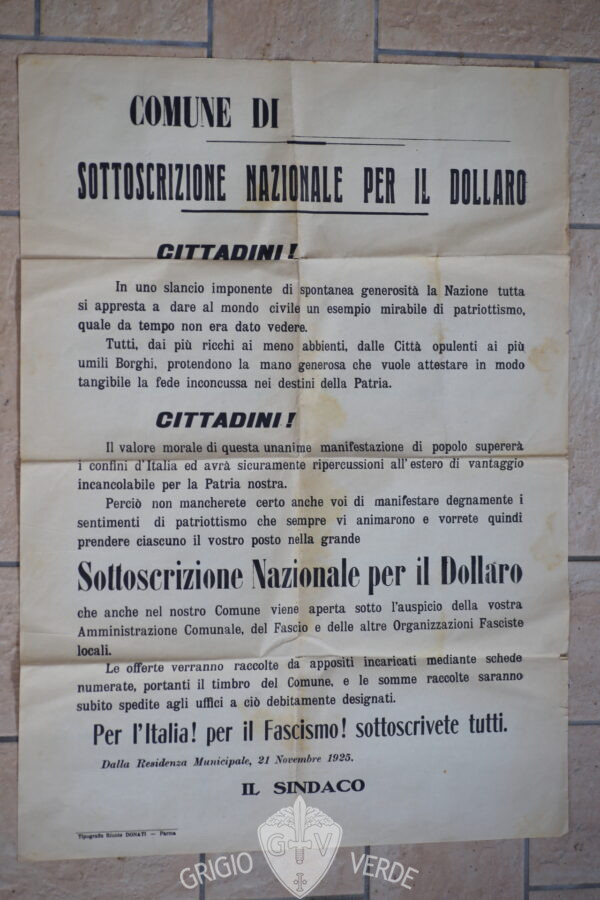 manifesto fascista sottoscrizione nazionale per il dollaro