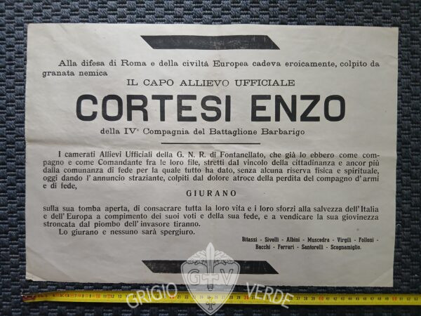 Manifesto funebre R.S.I. Battaglione Barbarigo difesa di Roma